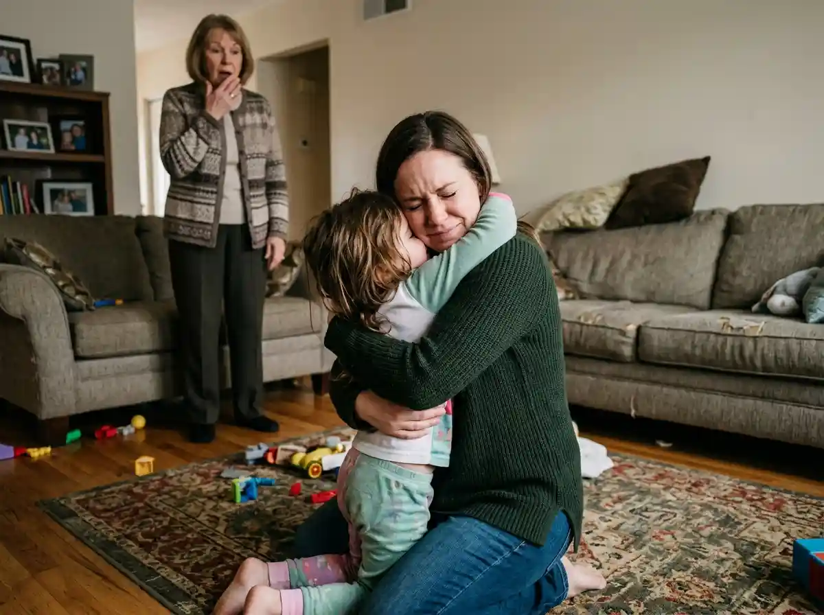 A mother fiercely hugging her crying daughter on the living room floor
