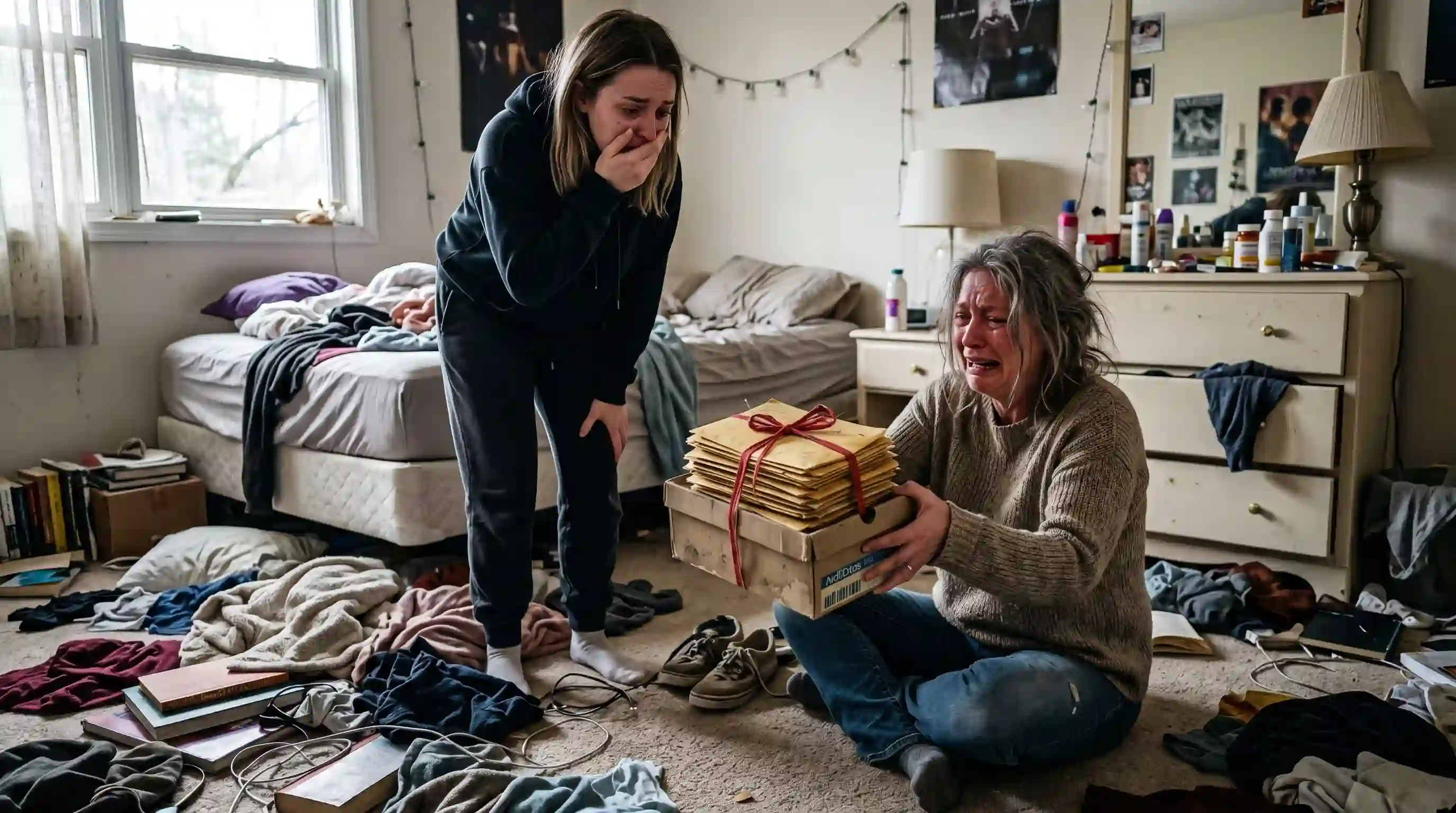 Mother crying on the floor holding a shoebox full of hidden love letters