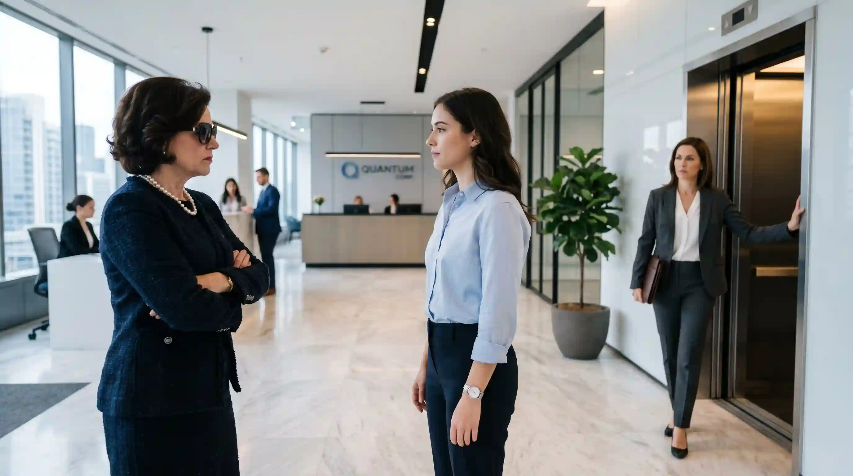 A tense confrontation between Harper and her wealthy-looking mother in a sleek corporate office lobby