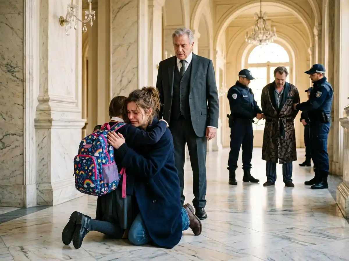 A realistic photograph of a young mother emotionally hugging her daughter in a luxury hallway while police stand by.