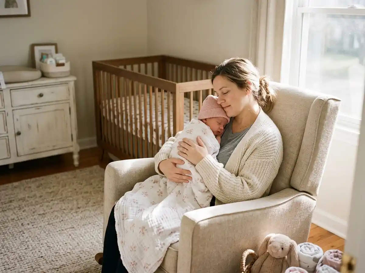 A mother peacefully holding her newborn baby in a sunlit nursery