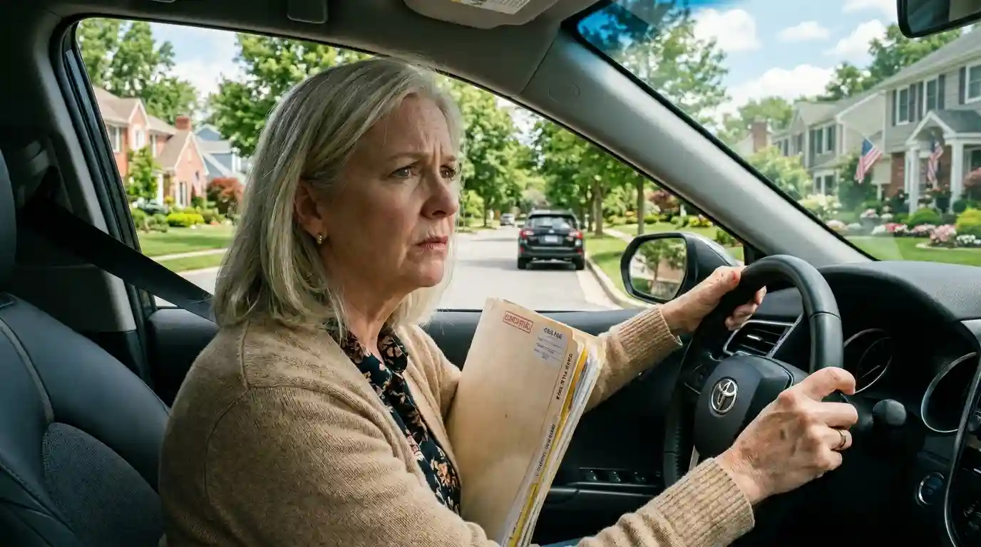 Mother sitting in her car gripping the steering wheel and holding documents