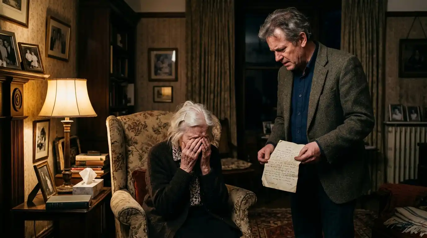 An elderly woman crying in a chair while a shocked man holds a letter
