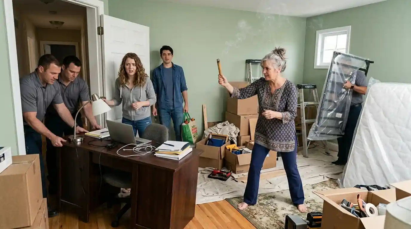 Mother-in-law burning incense in a bedroom while movers push a desk into the hallway