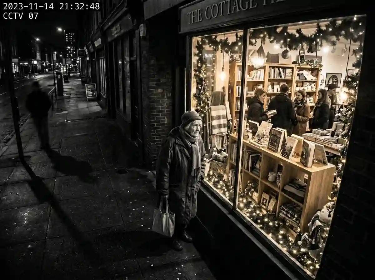 An older woman standing outside on a dark sidewalk looking wistfully through a store window