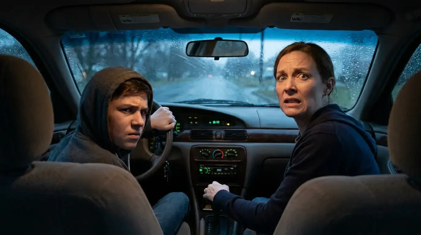 Anxious mother driving her son to the police station