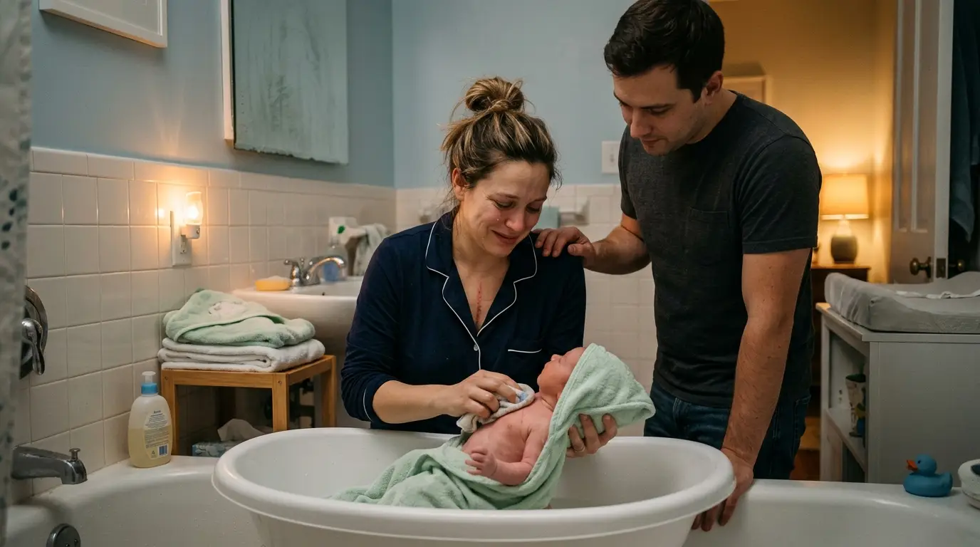 Mother gently finishing the newborn's bath while looking at her scar