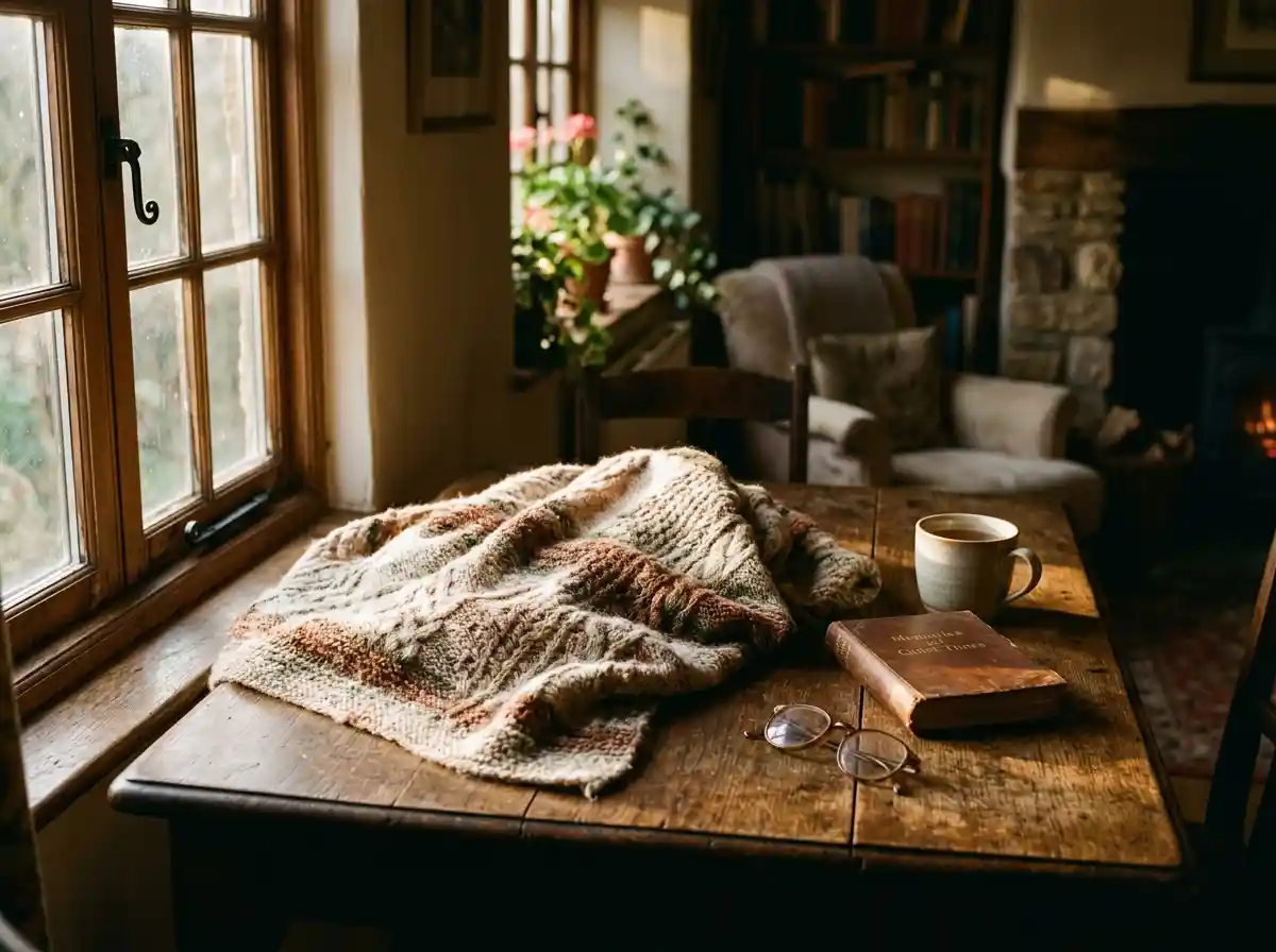 A soft, worn knitted shawl resting on a wooden table bathed in warm sunlight.