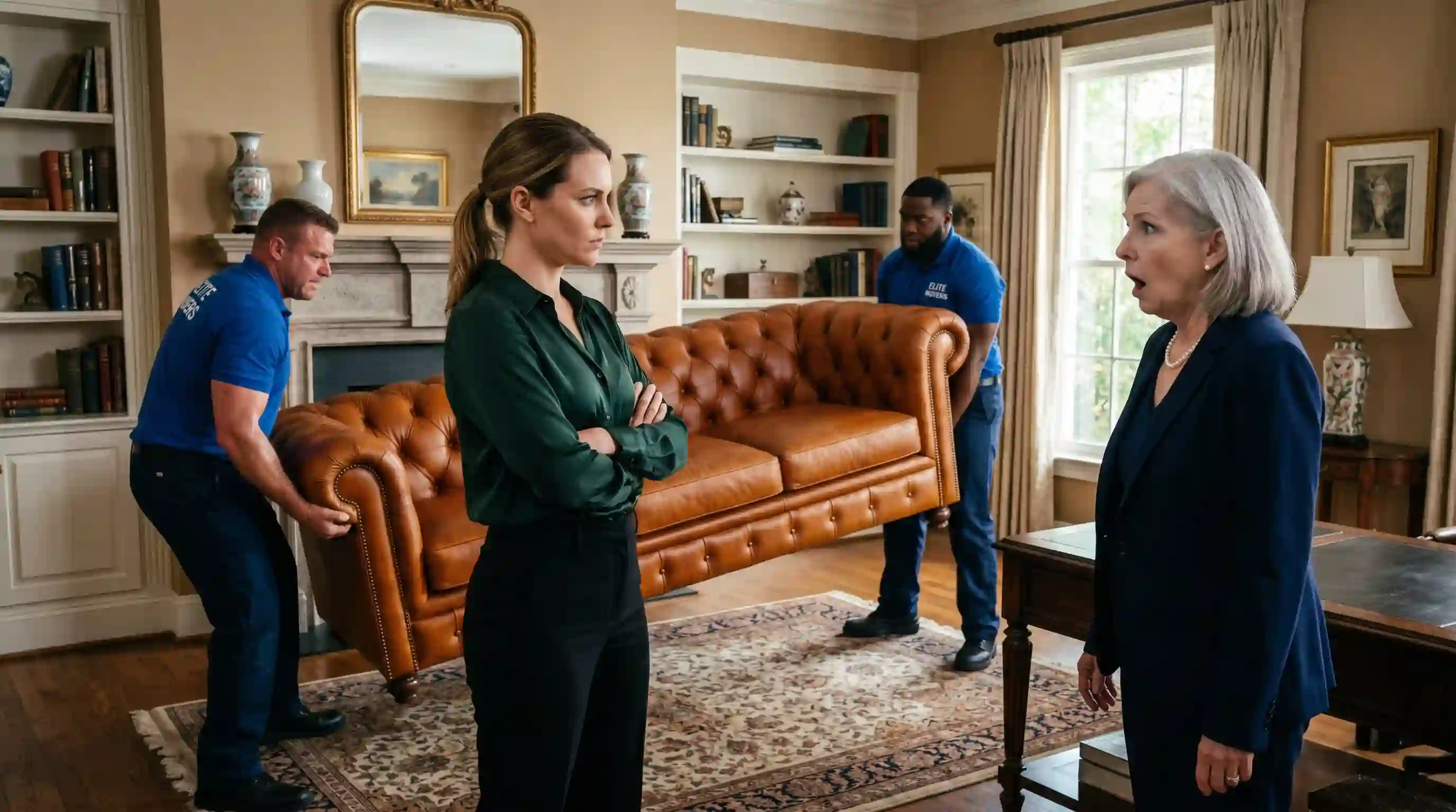 Movers taking an expensive leather couch while an older woman looks shocked
