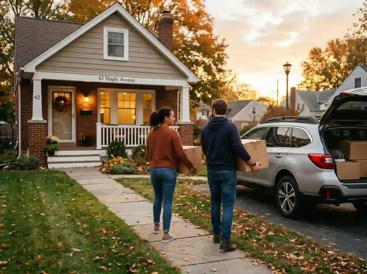 A young couple carrying moving boxes out of a house
