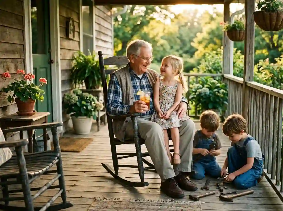 A sun-drenched afternoon on a porch showing the triplets playing and Mr. Lawson watching them with a smile