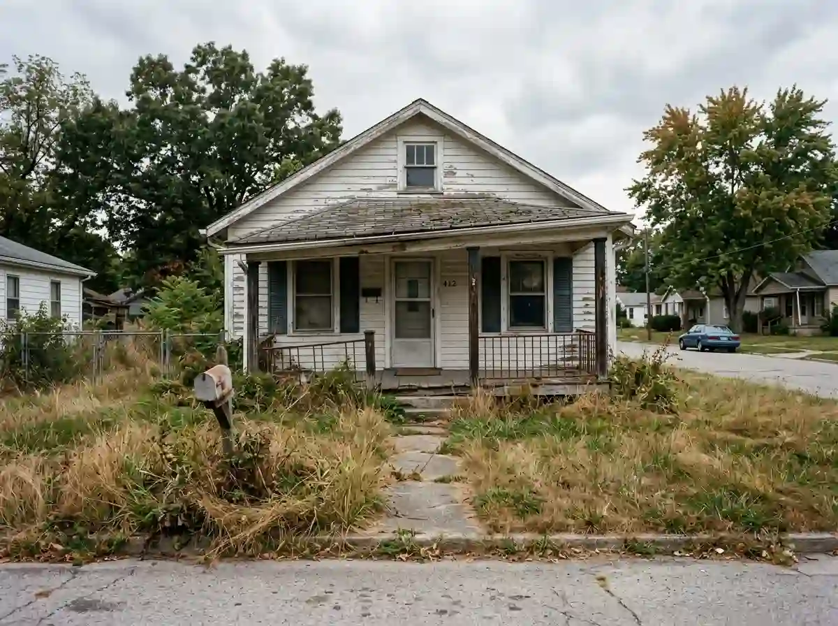 A neglected, aging small white house with an overgrown lawn and a leaning porch