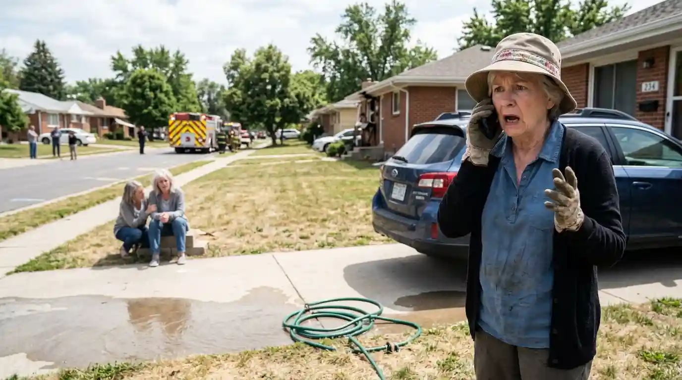 Neighbor dropping a garden hose and frantically calling 911 on her phone