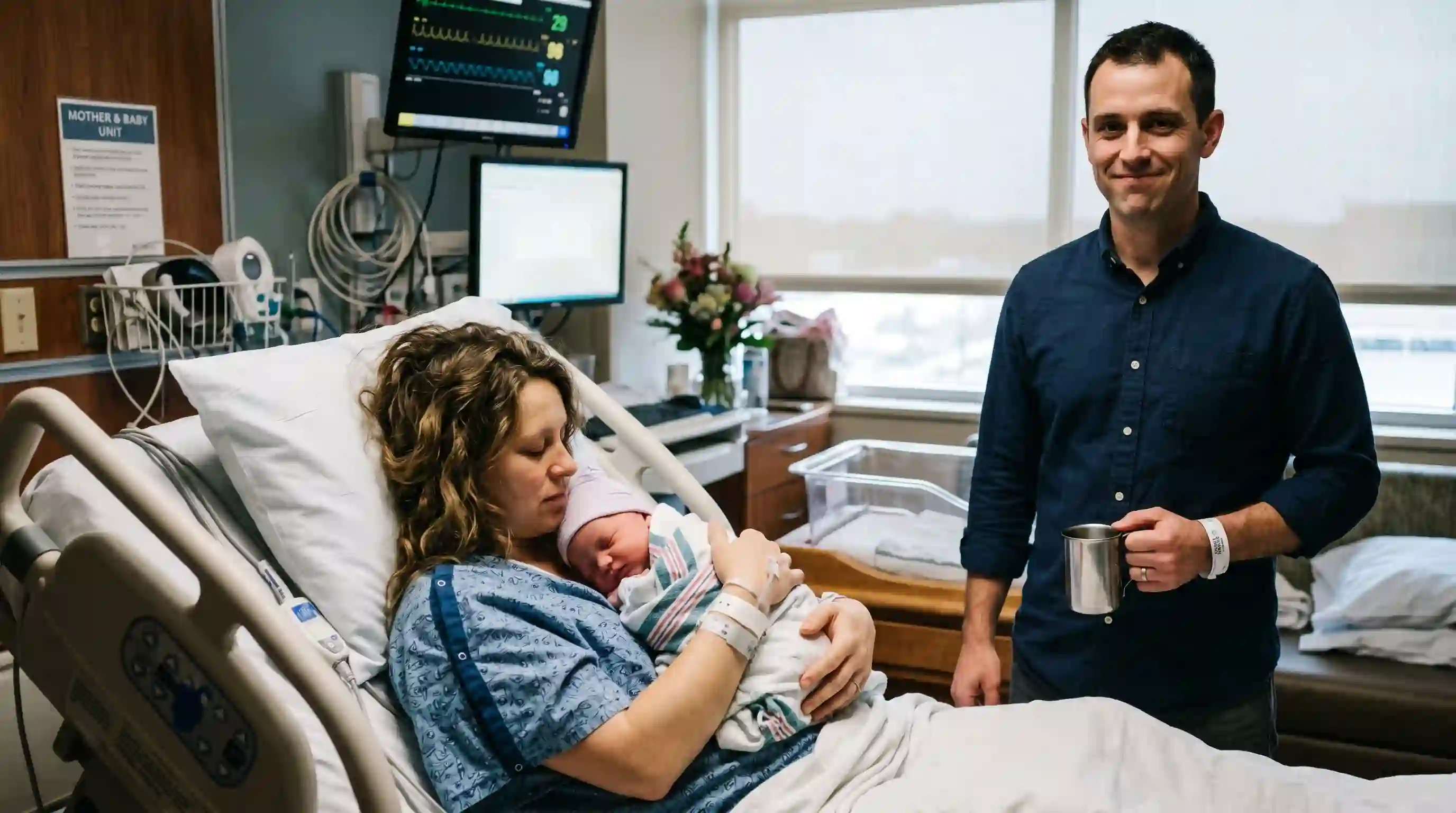 Mother holding newborn in hospital bed while husband smiles falsely
