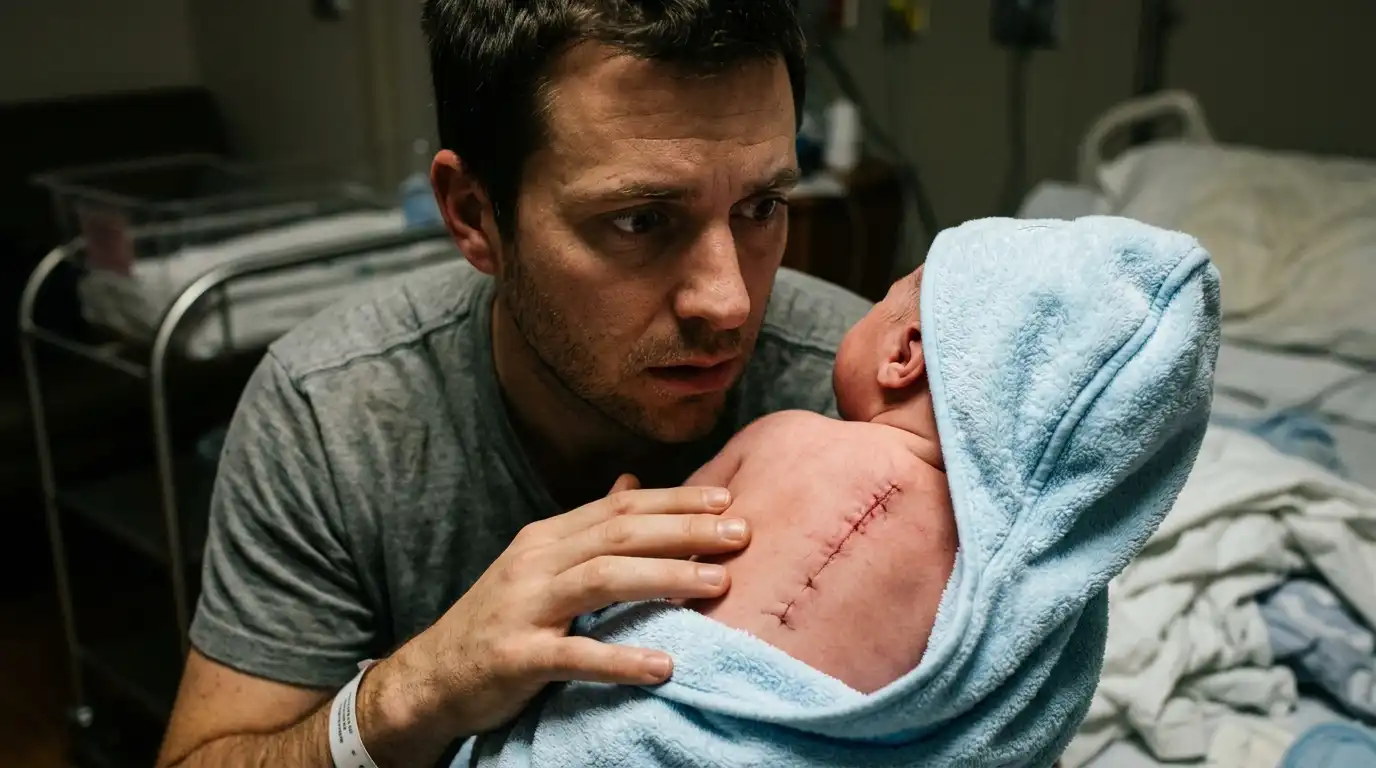 Terrified father looking at a surgical scar on his newborn baby's back