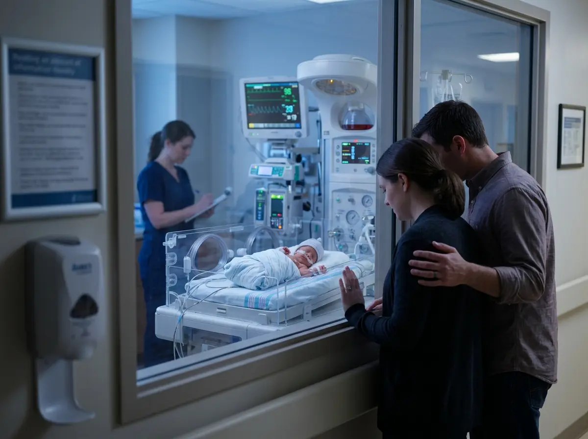 A tiny newborn baby resting safely in a hospital NICU incubator