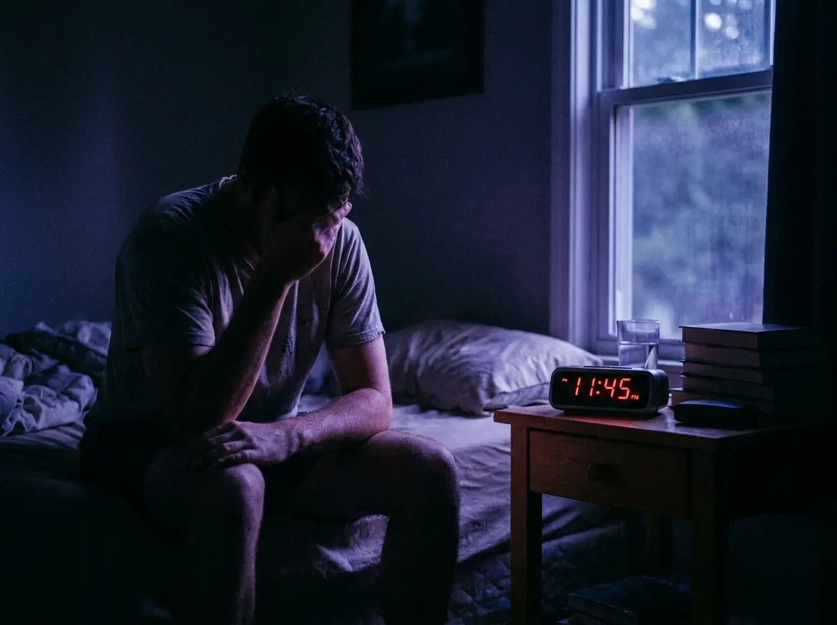A frustrated person sitting up in bed looking at a glowing alarm clock late at night