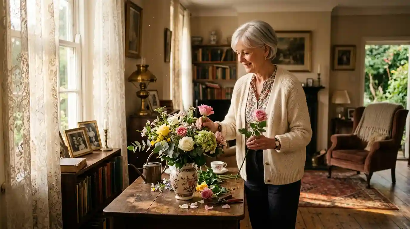 Eleanor arranging flowers in a sunlit, nostalgic living room