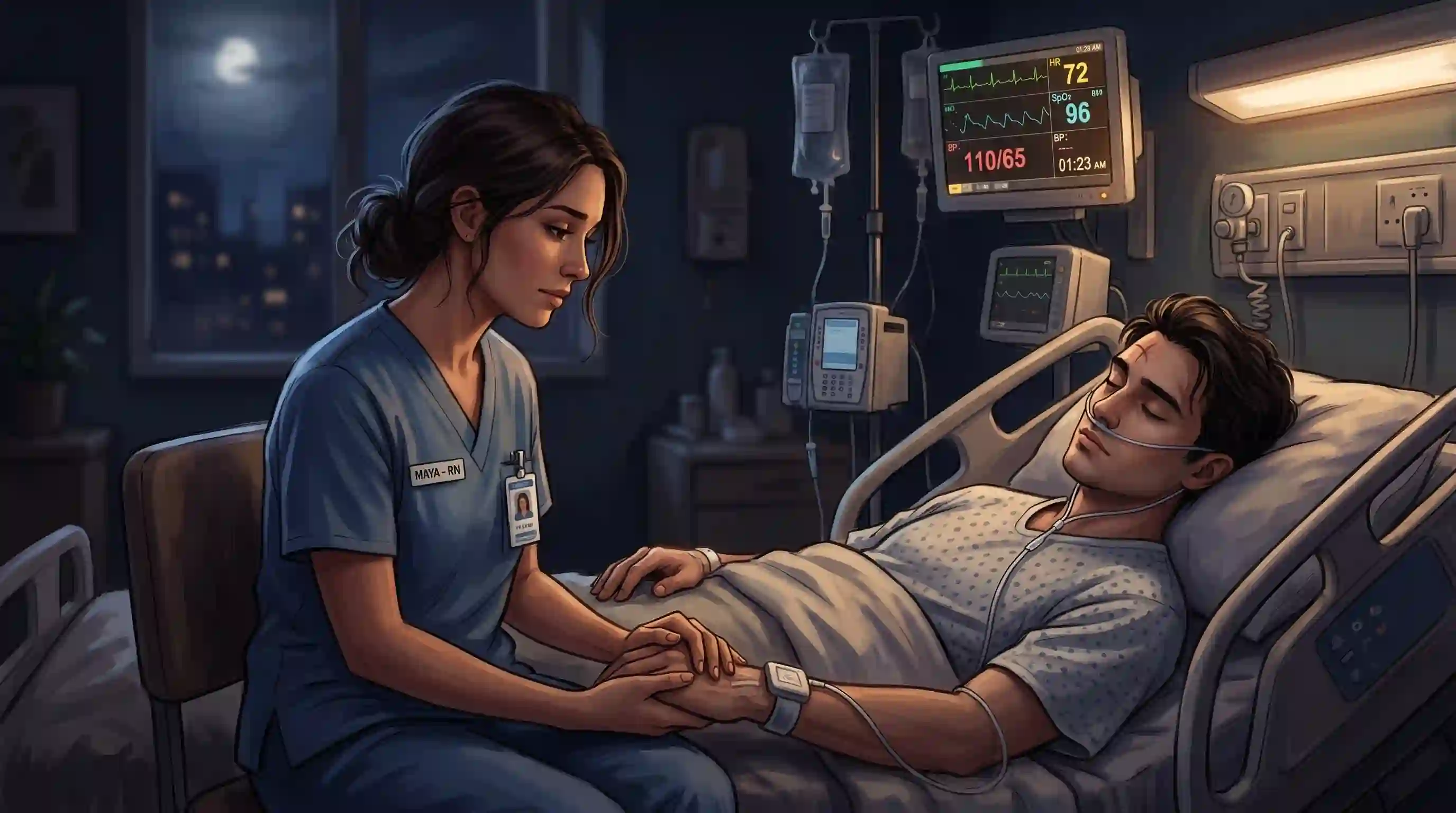 Illustration of Nurse Maya holding the hand of comatose patient Aaron