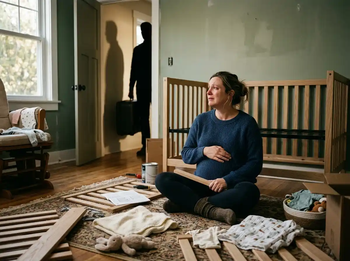 Pregnant woman sitting on a nursery floor looking shocked at a man leaving with a suitcase