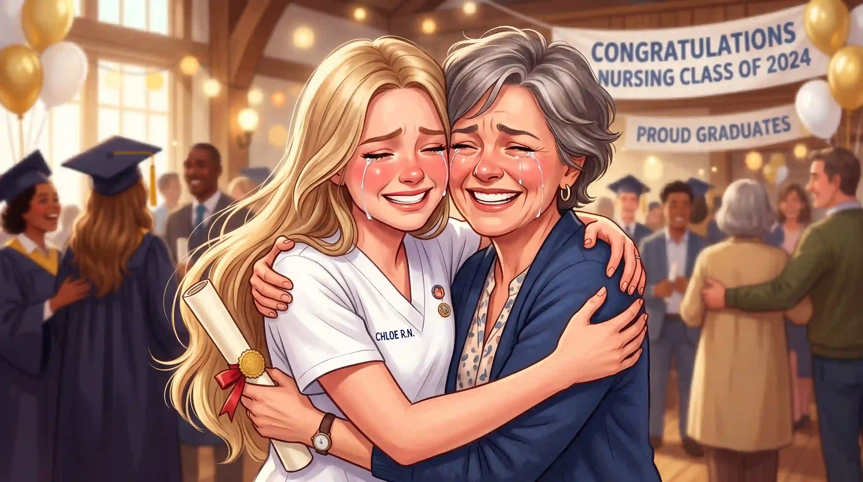 Young woman in nursing scrubs hugging her mother-in-law