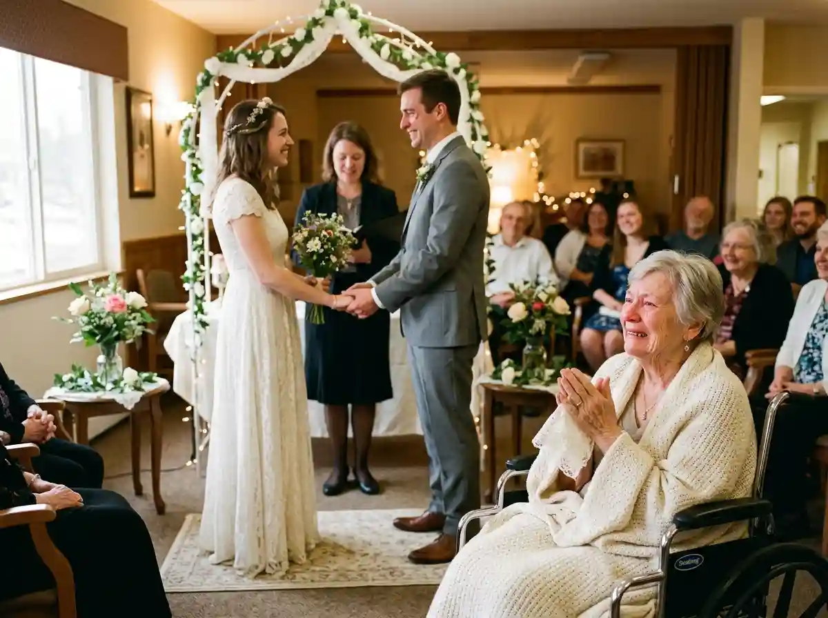A beautiful, simple wedding ceremony taking place inside a nursing home with an elderly grandmother watching in joy.