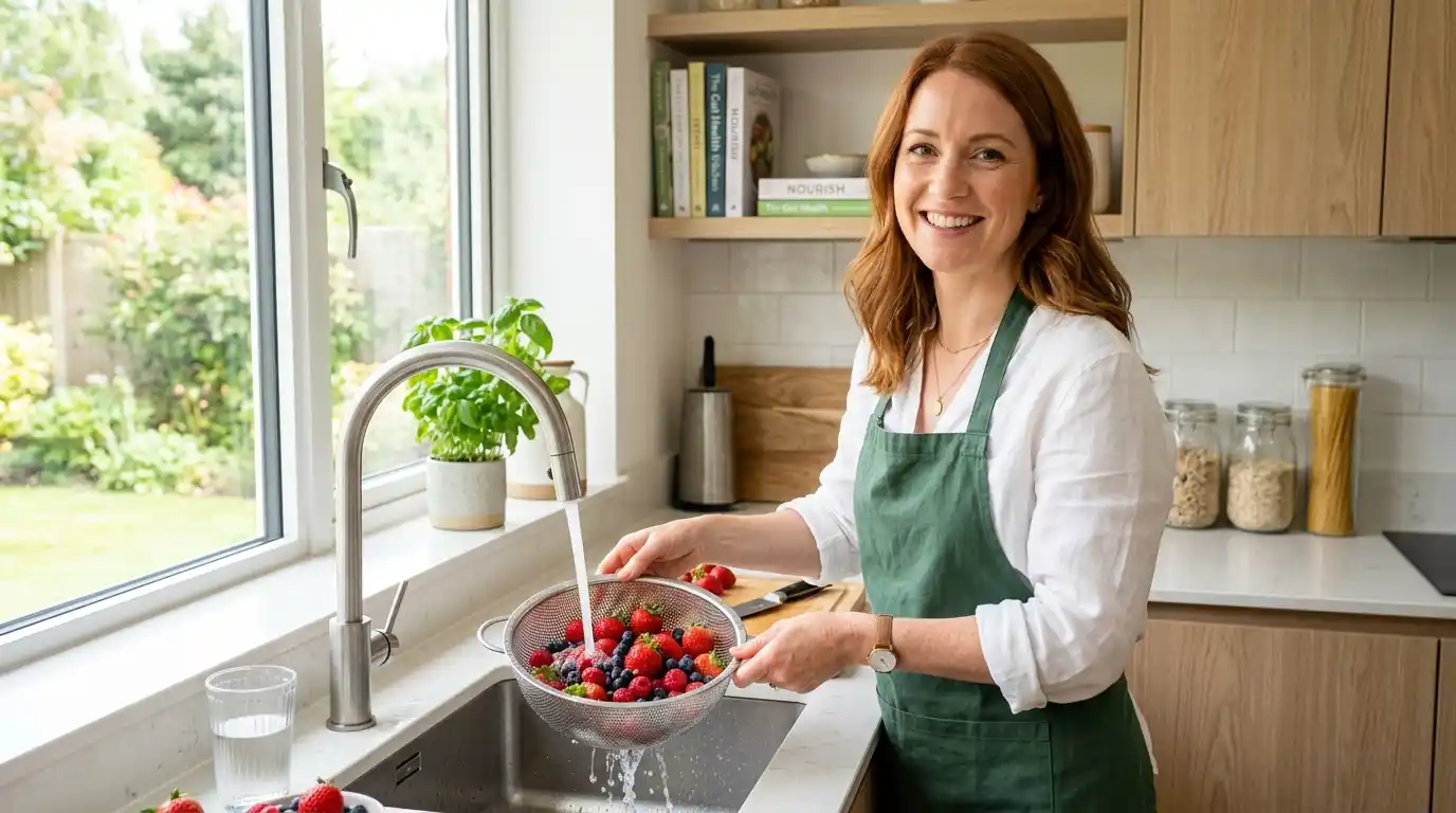 Nutritionist washing fresh mixed berries in a bright kitchen