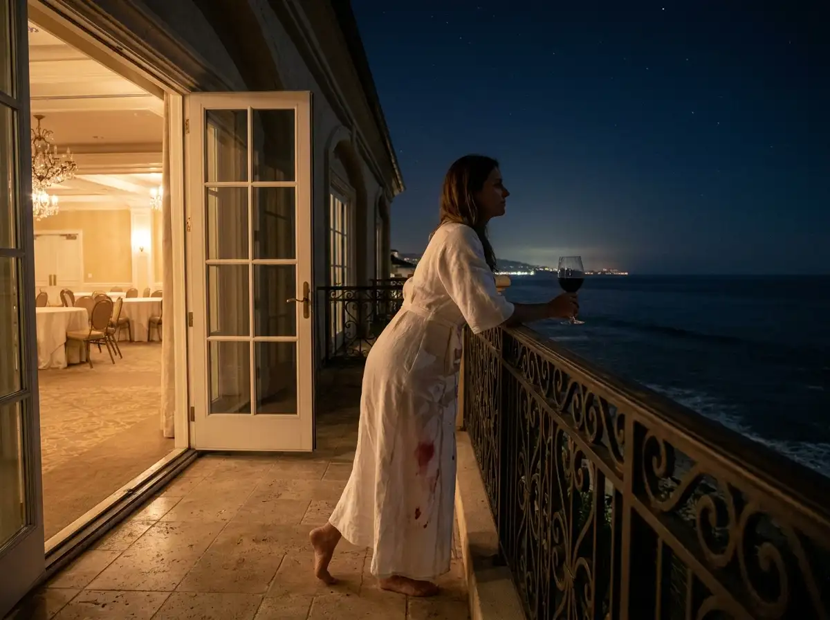 A woman standing on a balcony at night, looking at the ocean with a glass of wine