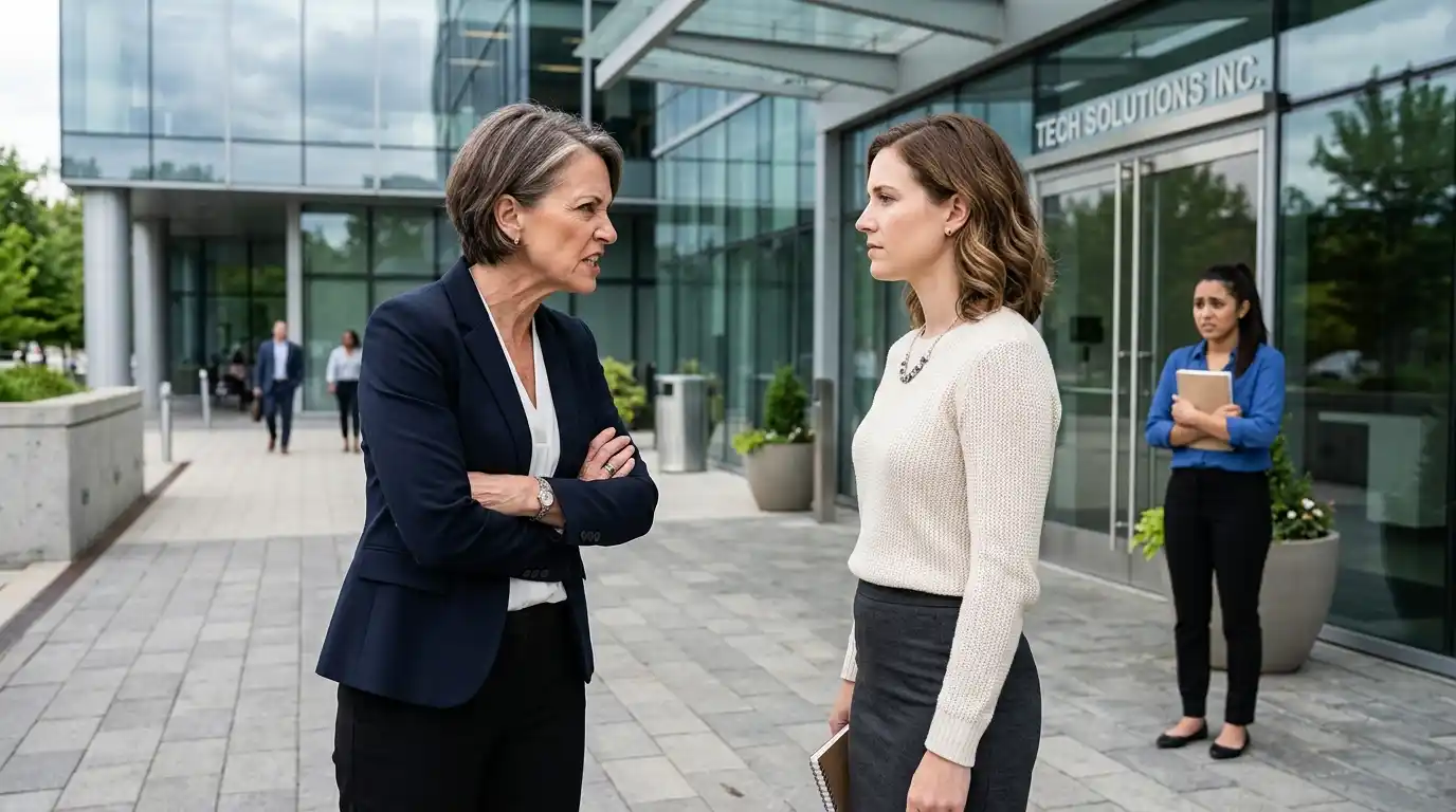 An angry mother confronting her calm daughter outside an office building