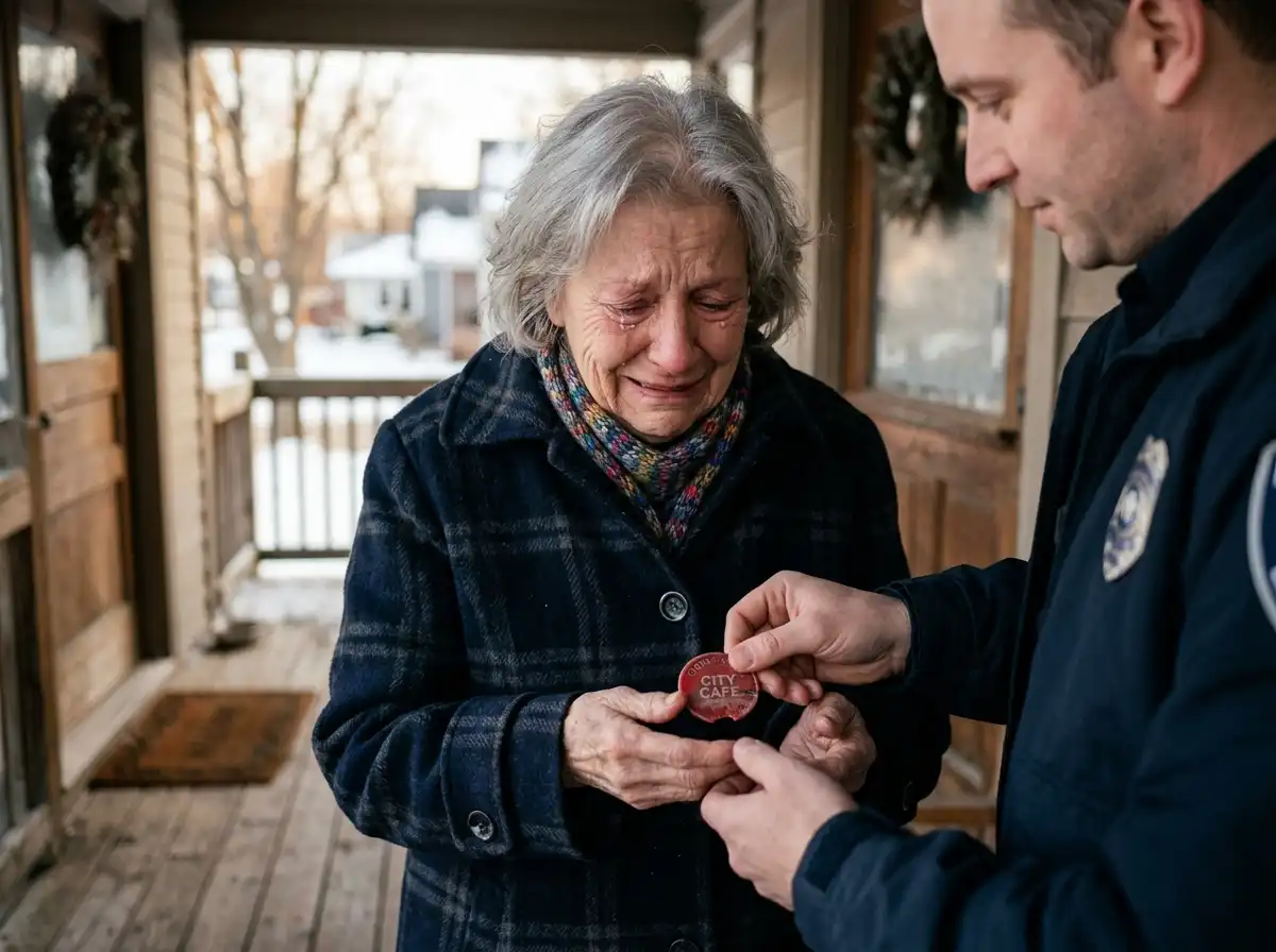 Officer Hayes returning a cafeteria token to a crying Mrs. Adele