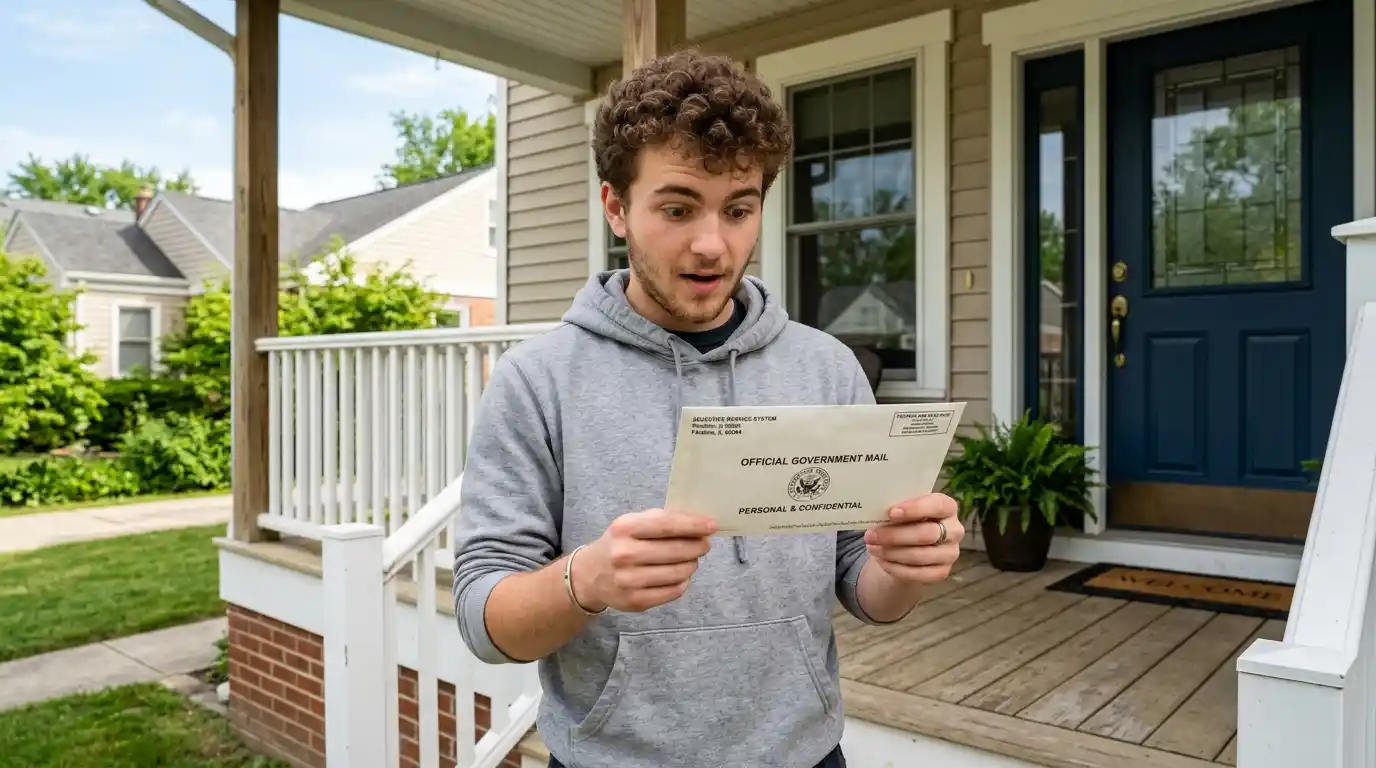 Young man looking surprised at an official government letter regarding the draft