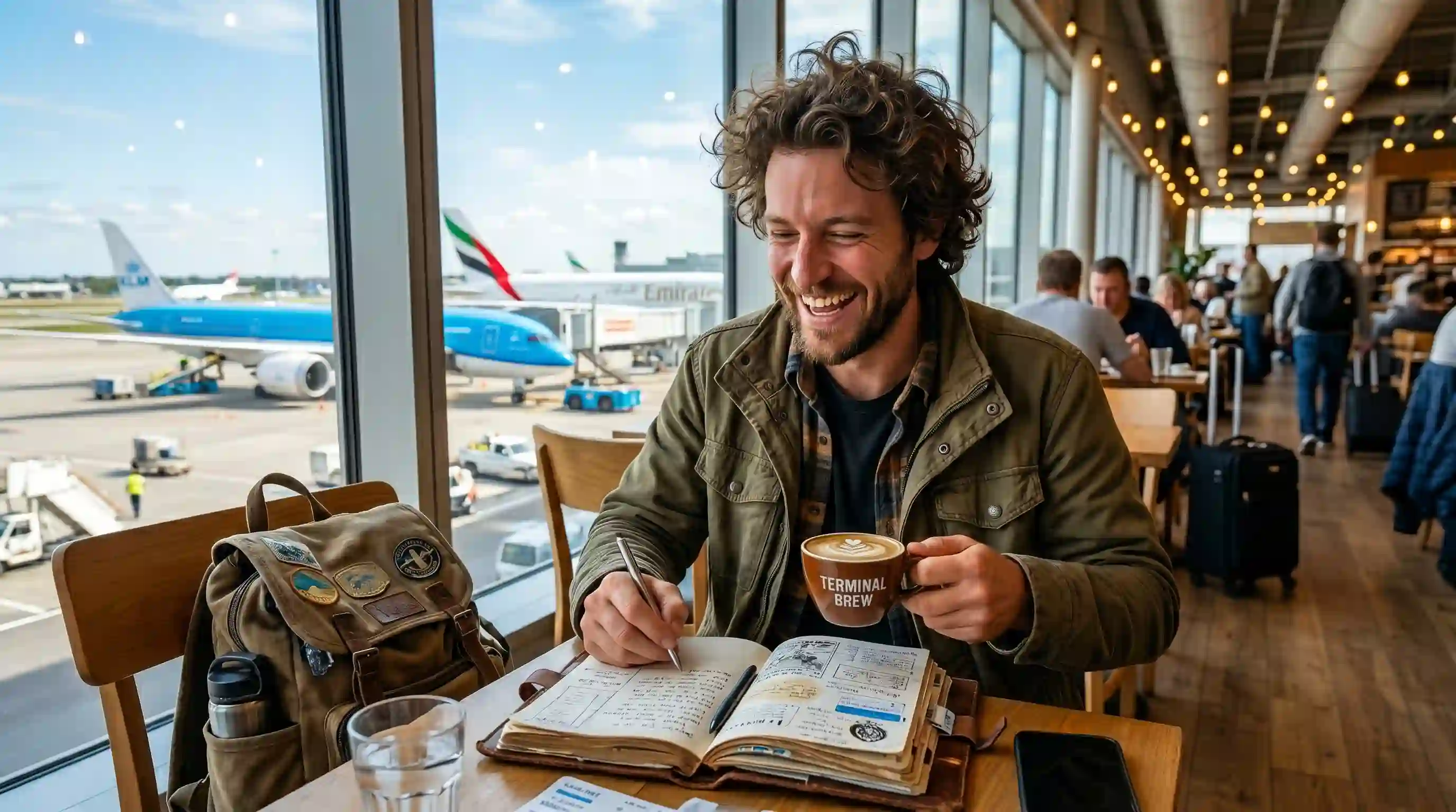 Oliver laughing while writing in his travel journal at an airport cafe
