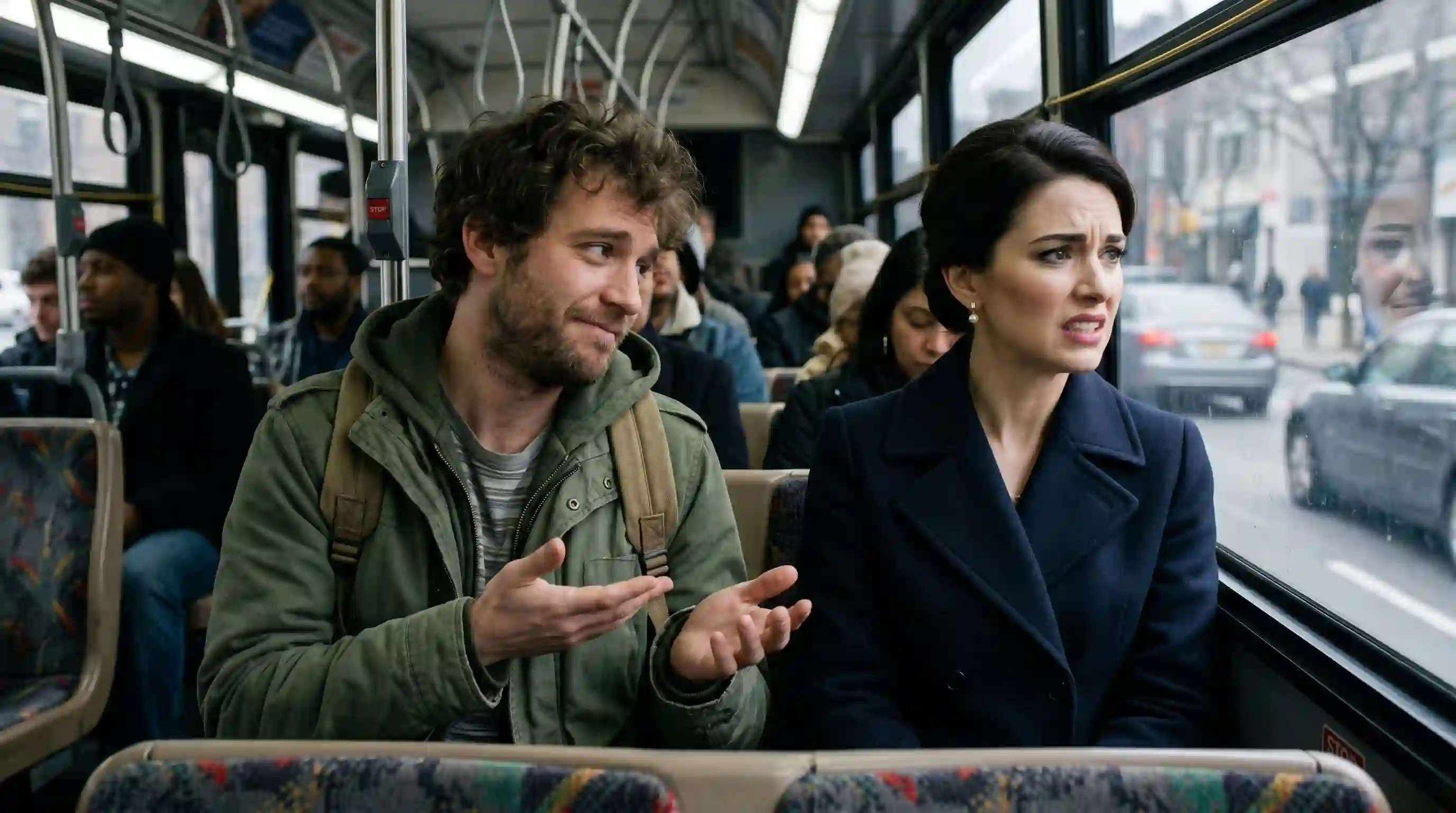 Oliver looking sheepish next to a disgusted elegant woman on a bus