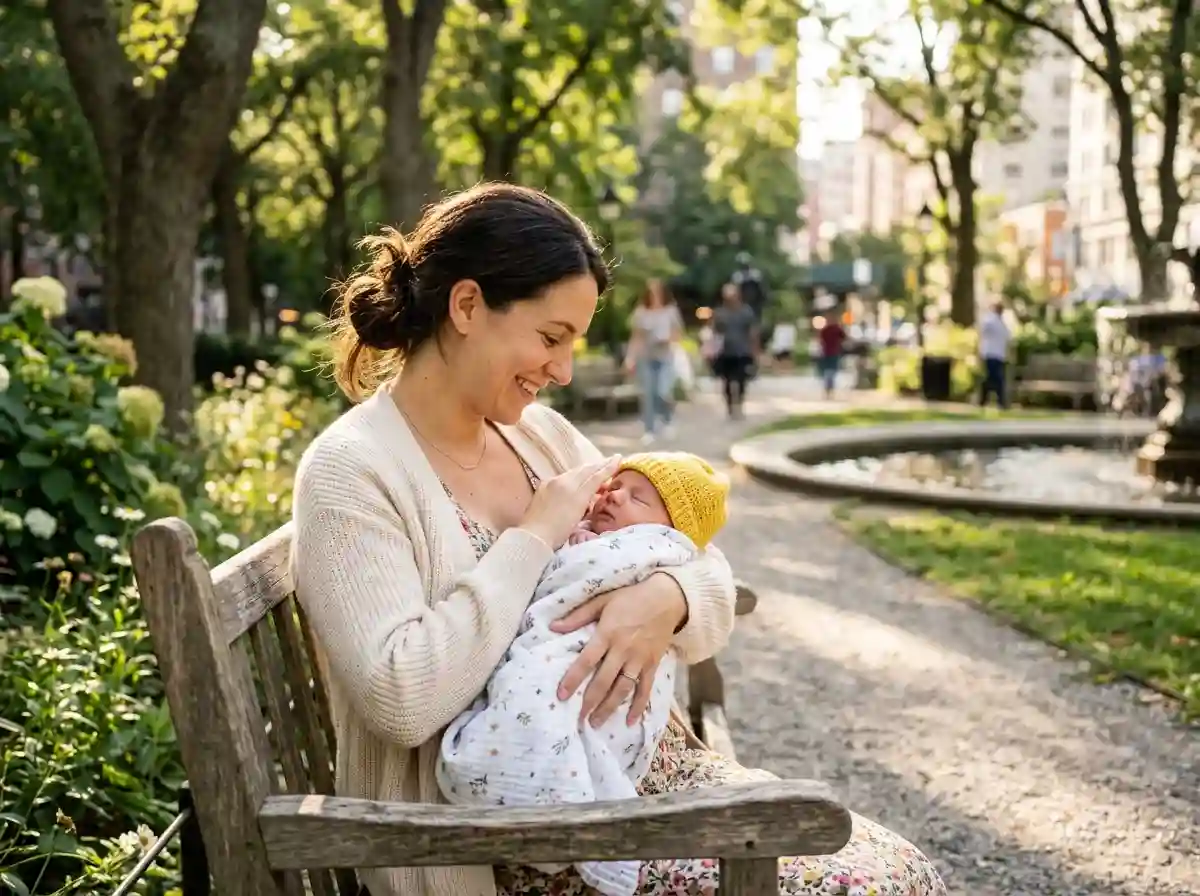Olivia holding baby Lily in a sunny park wearing a yellow hat