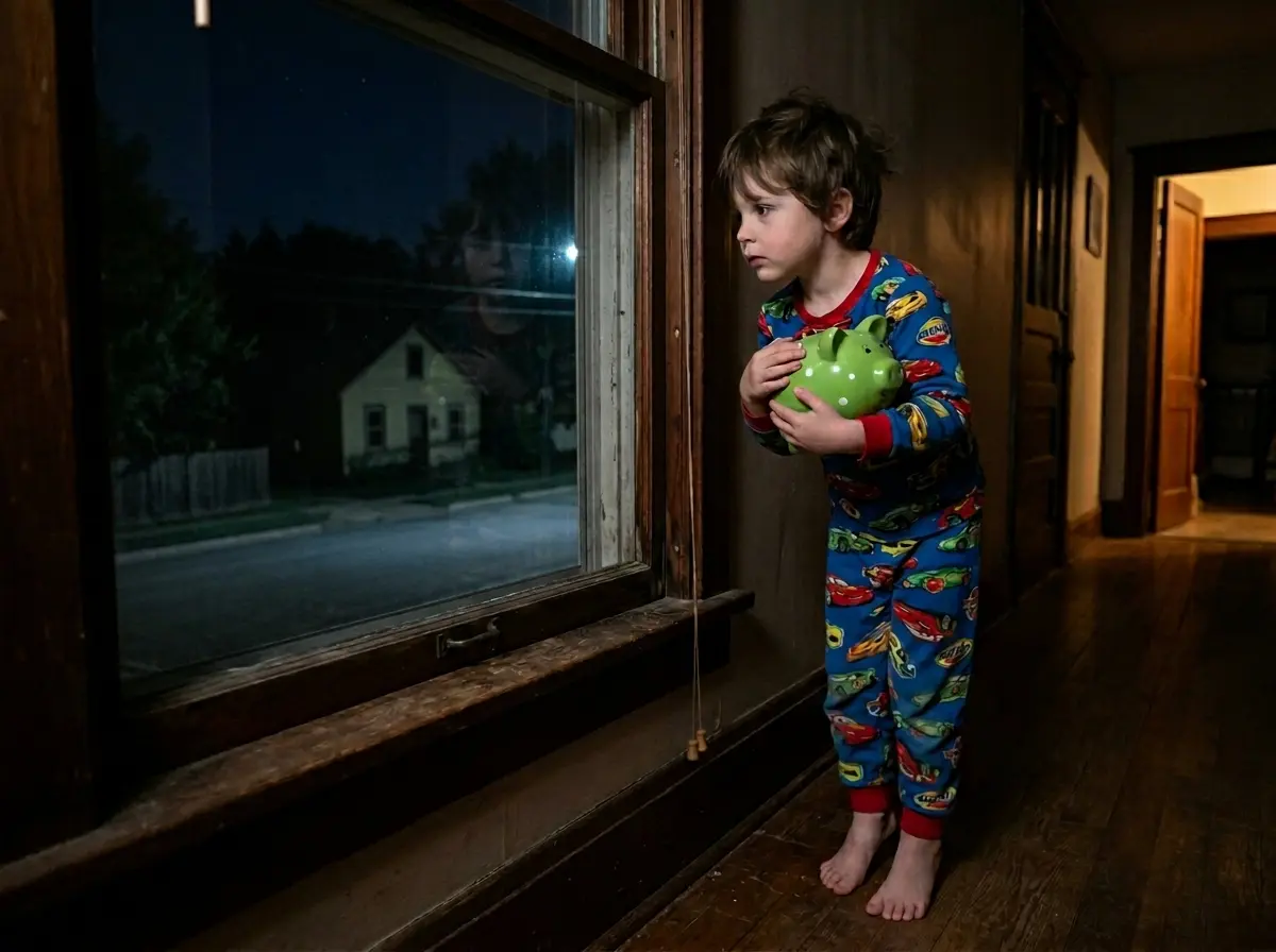 Oliver holding his piggy bank and looking out the window at a dark house