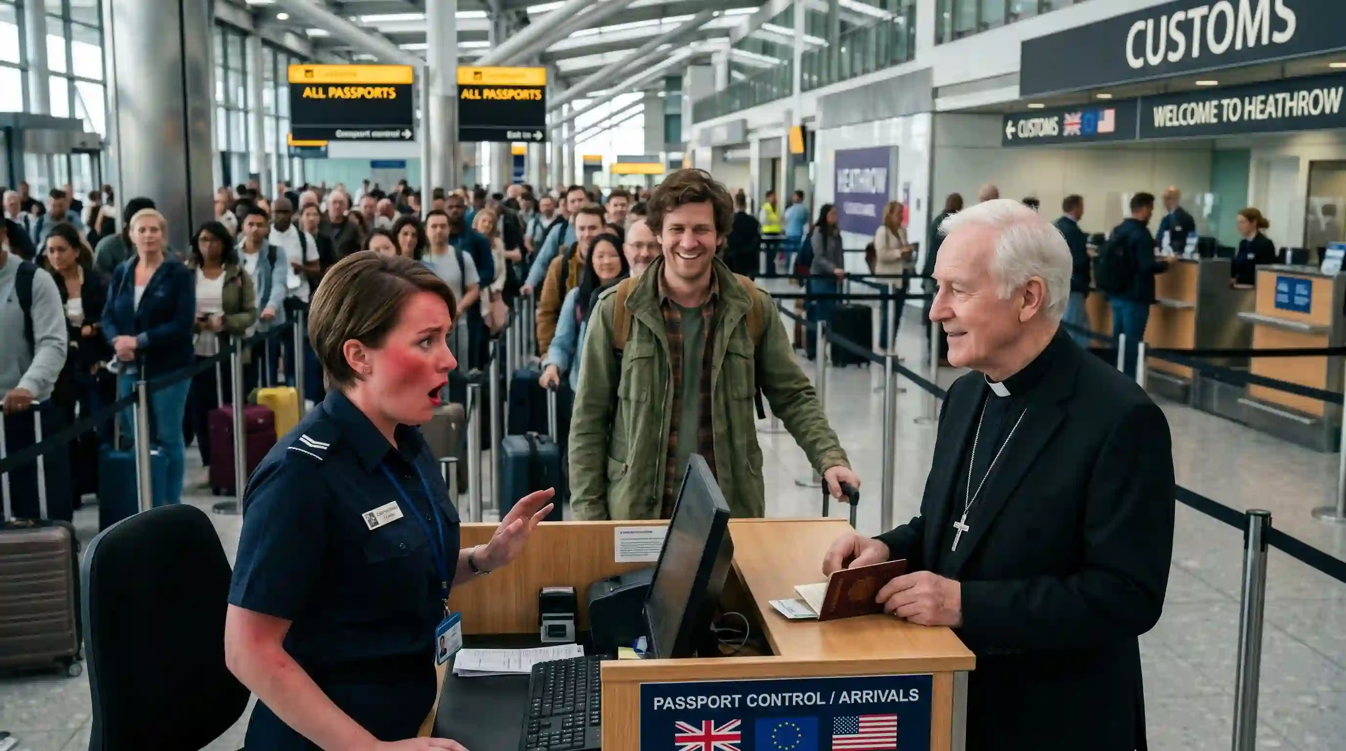 Oliver watching a priest shock a customs officer at the airport