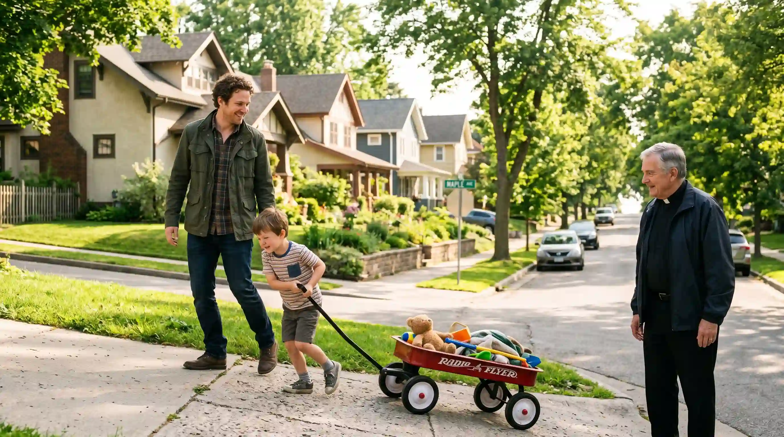 Oliver smiling while watching a boy pull a heavy red wagon up a hill