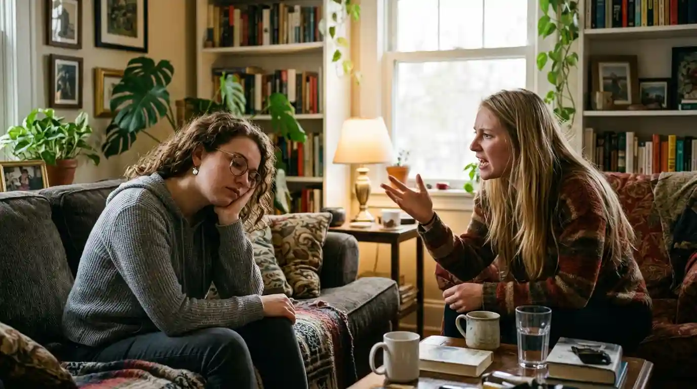 An exhausted woman listening to her fake friend aggressively talk only about herself