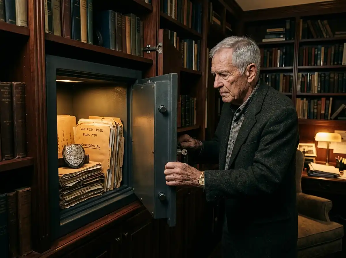 A realistic photograph of an older man opening a hidden wall safe filled with investigative files and a silver badge.