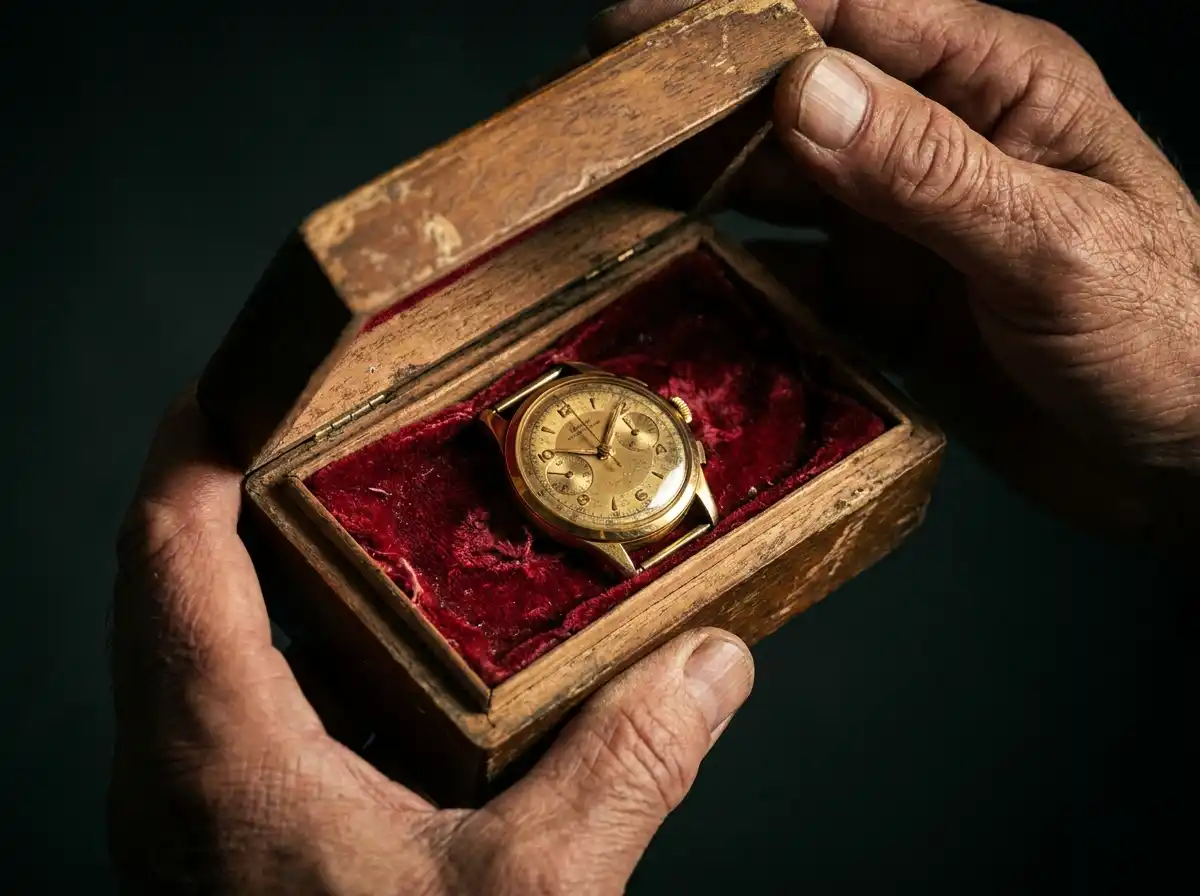 Trembling hands opening a wooden box to reveal a rare vintage gold watch