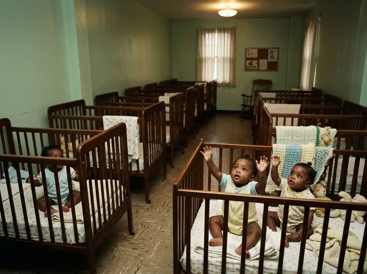 Dark-skinned baby girls reaching up from wooden cribs in a dimly lit nursery