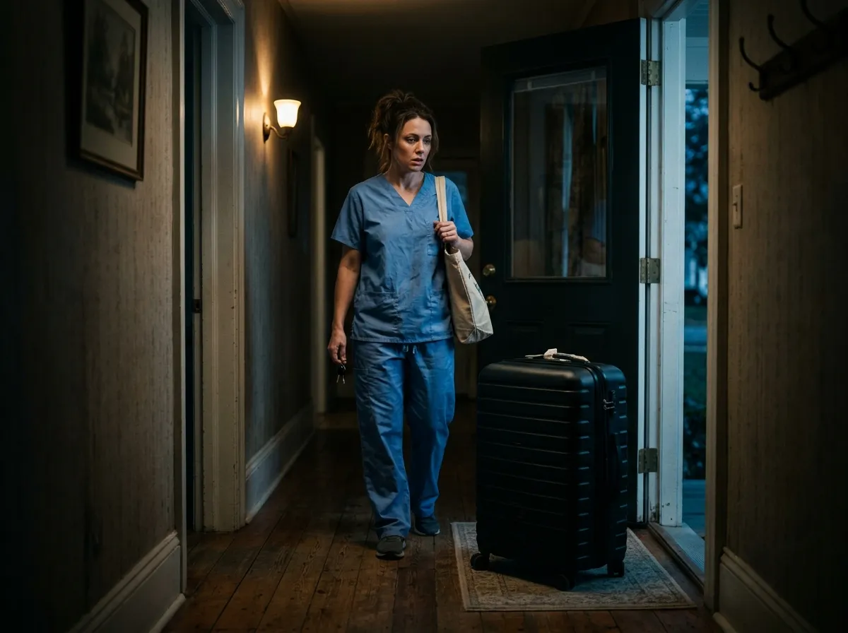 A packed suitcase sitting by a front door in a dimly lit hallway