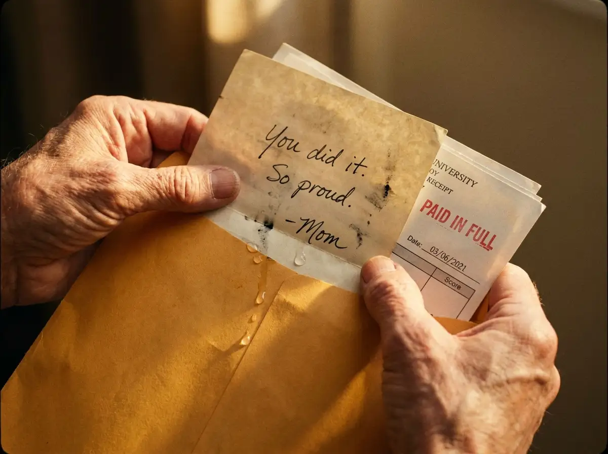 Trembling hands holding a manila envelope, a handwritten note, and a receipt marked Paid in Full