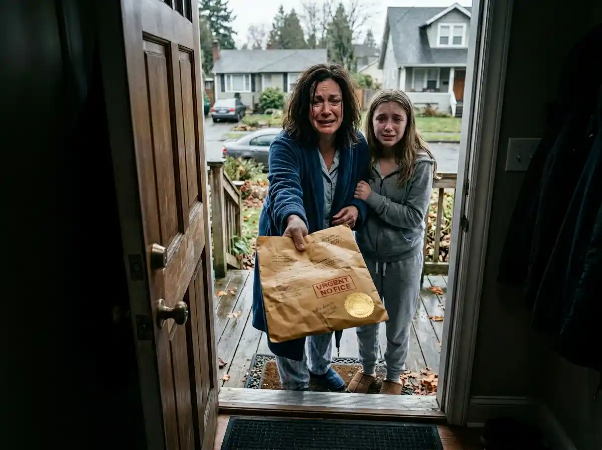 A mother and sister looking panicked and terrified while holding a legal document envelope.