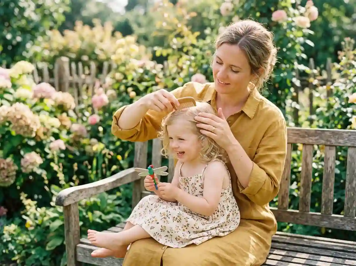 A parent calmly checking a child's hair in a sunny garden