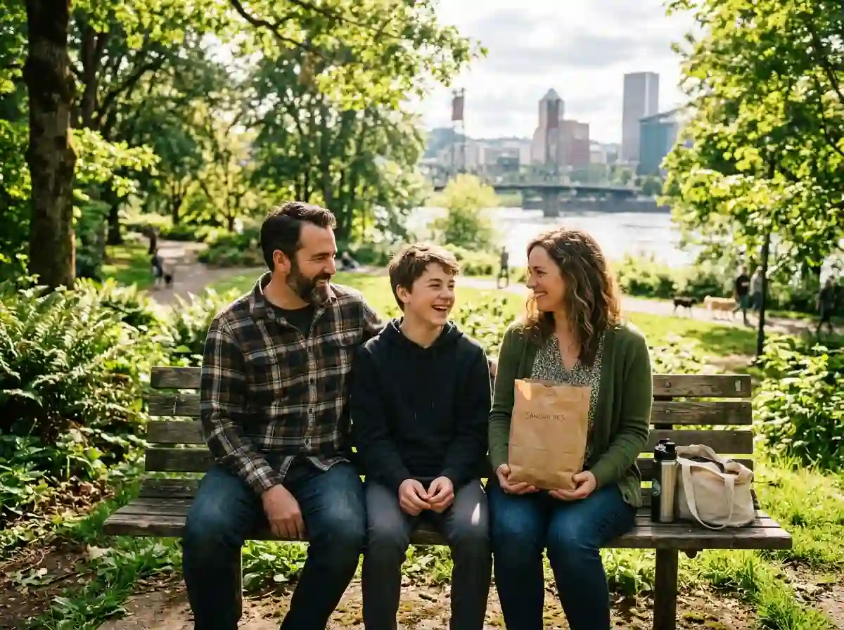 A father, son, and a kind woman sitting on a park bench