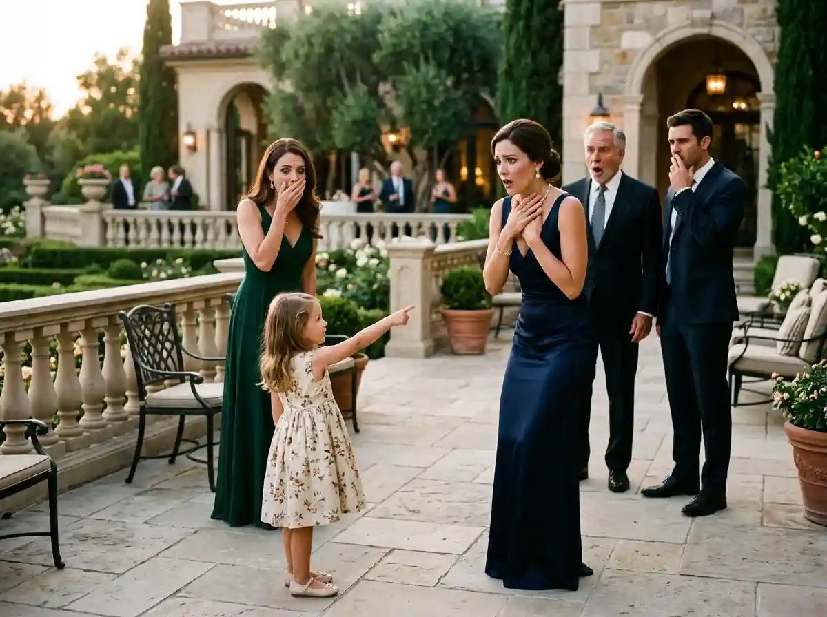 A shocked man and a panicked woman at a party while a child points