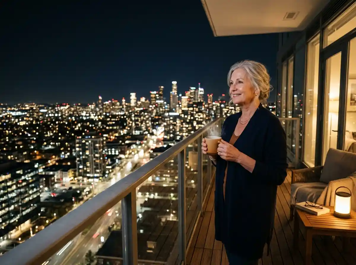 An elegant woman standing peacefully on a high-rise balcony looking at city lights