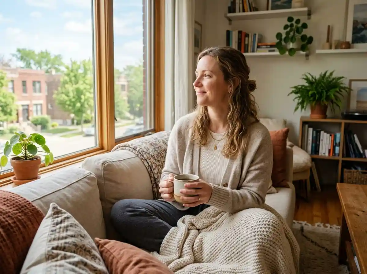 A woman smiling peacefully while holding coffee in a sunlit apartment