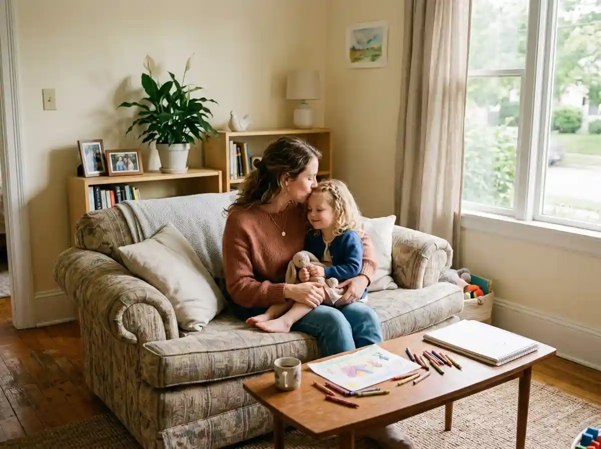 A mother holding her daughter in a cozy, sunlit apartment living room